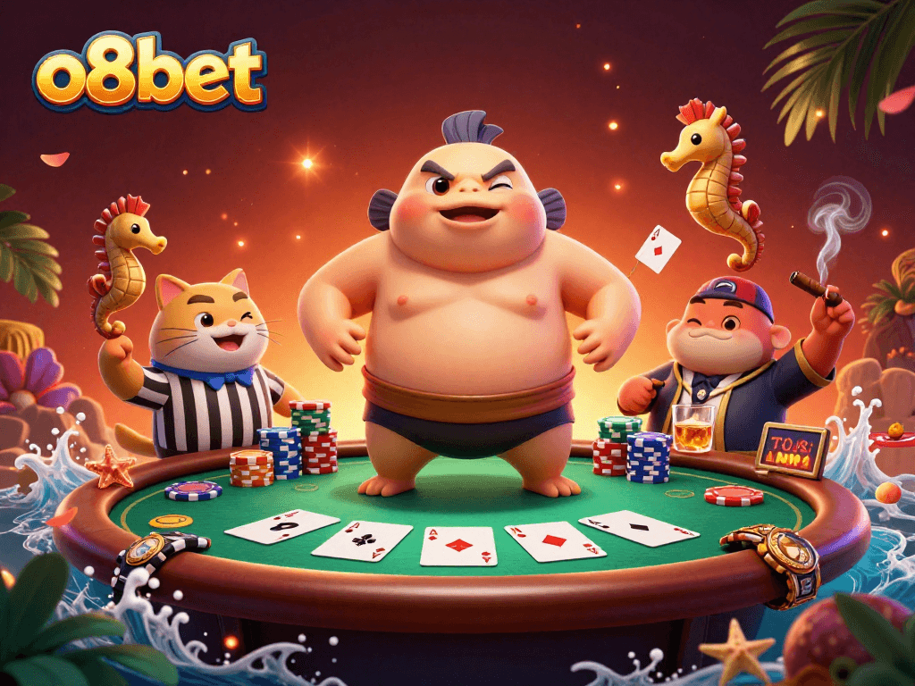 Exciting o8bet poker scene with colorful characters and casino elements in a vibrant underwater setting.