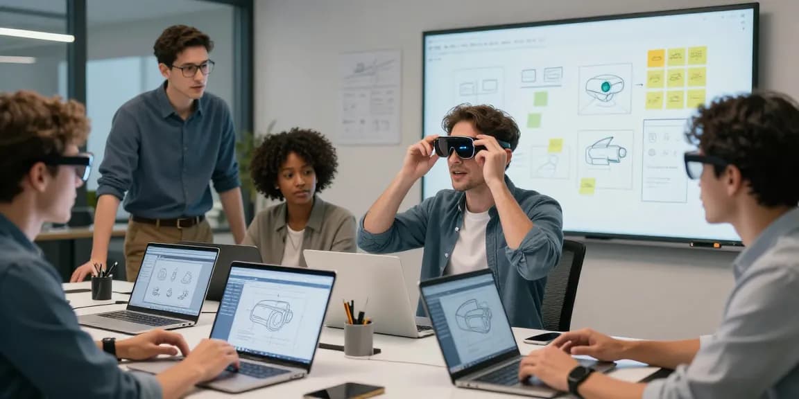 Team collaboration on smart glasses prototype in a modern office.