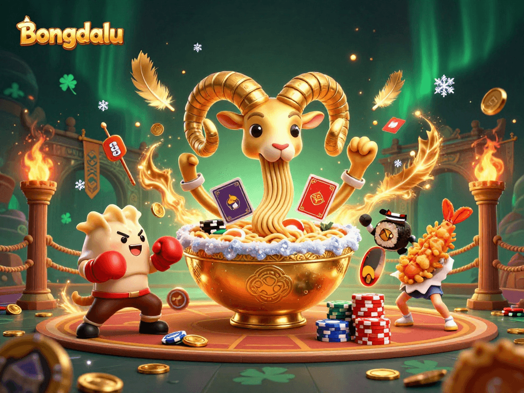 Bongdalu's vibrant 3D scene featuring characters in a dynamic gambling arena with energetic elements and casino-themed visuals.