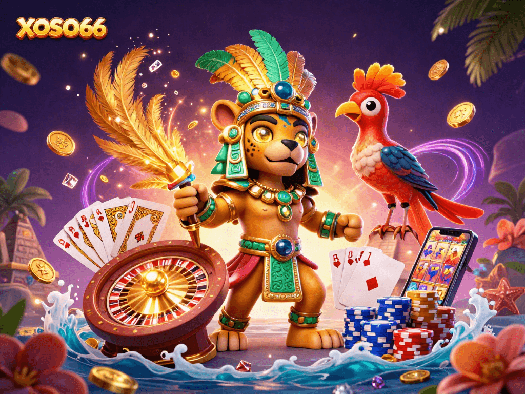 XOSO66 gaming experience with a Mayan jaguar priest and vibrant casino elements.