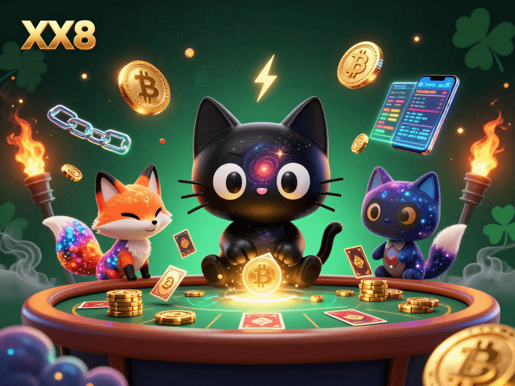 Experience the thrill of XX8's cosmic casino with a black hole cat and nebula fox.