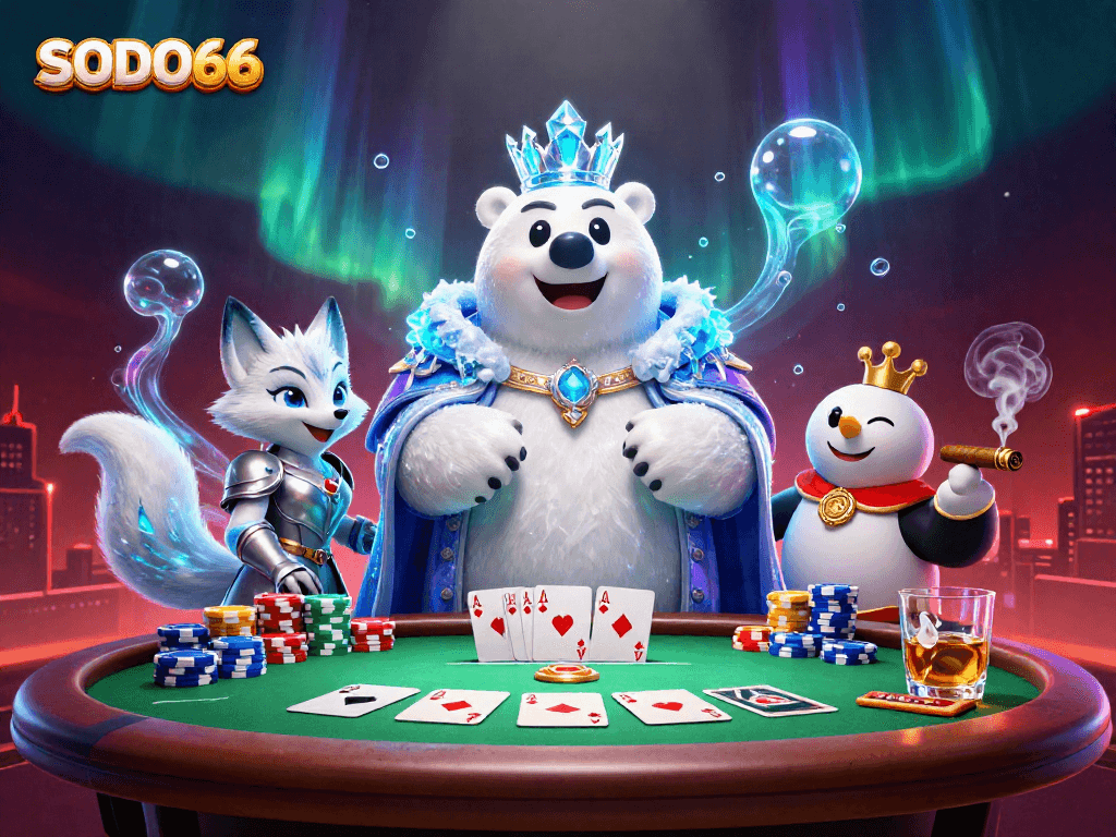 SODO66 captures the excitement of poker with vibrant characters and gaming elements in a dynamic casino scene.