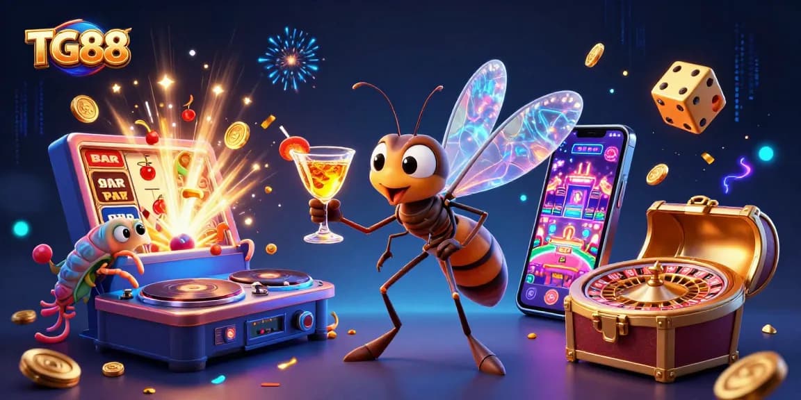 Engage with TG88's vibrant casino scene featuring a unique frozen-in-amber mosquito mascot and fossil DJ.