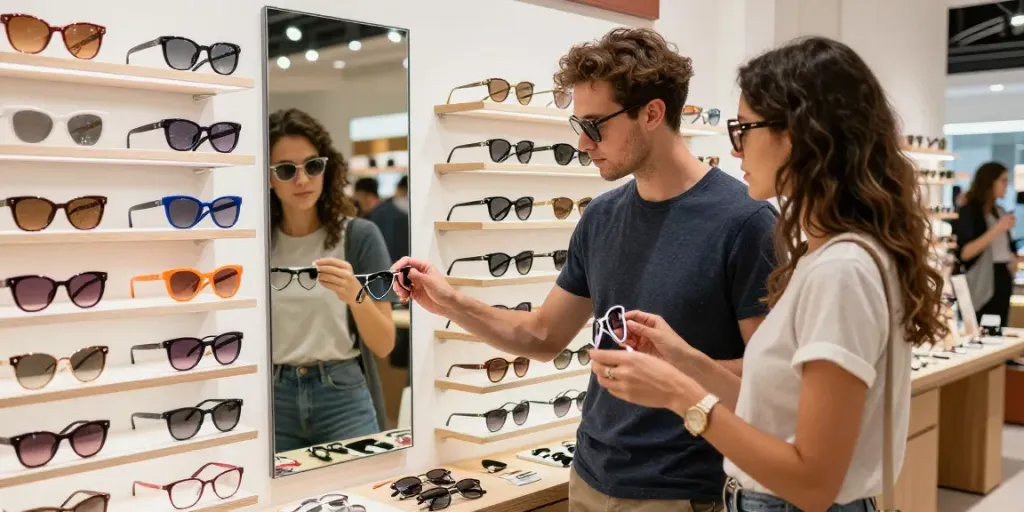 Casal jovem em busca de óculos estilizados na Ótica Avaré, escolhendo entre diversas armações modernas.