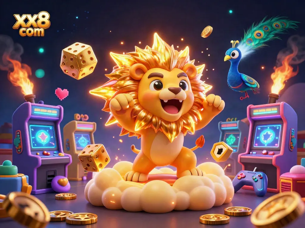 Experience thrilling action with xx8 com in this vibrant 3D casino illustration of a roaring lion.