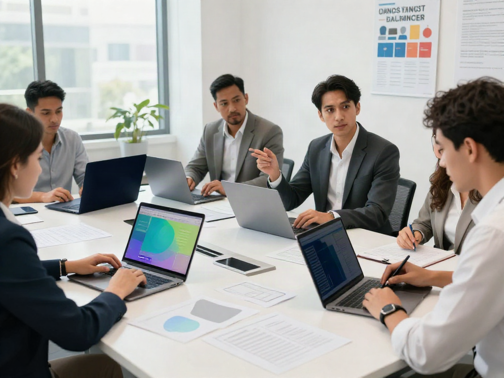 Diverse tax professionals collaborating in a modern office using tax office software, emphasizing teamwork.