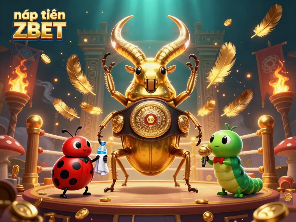 Experience the excitement of nạp tiền ZBET with a dynamic 3D illustration of a golden stag beetle and colorful casino elements.