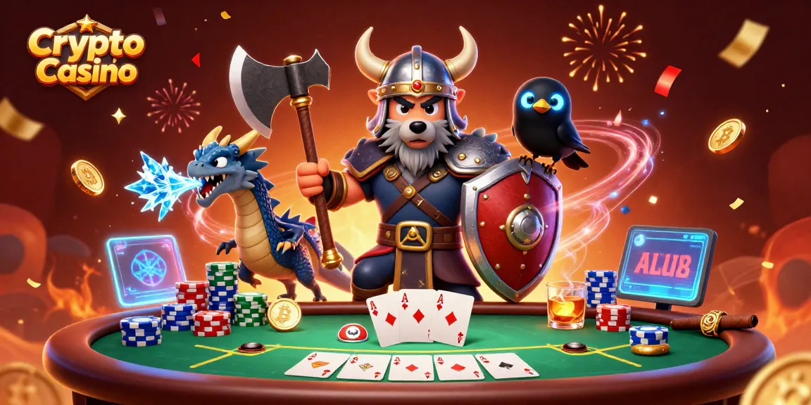 Engage in the excitement of a Crypto Casino with a Viking warrior, fierce dragon, and mystical elements.