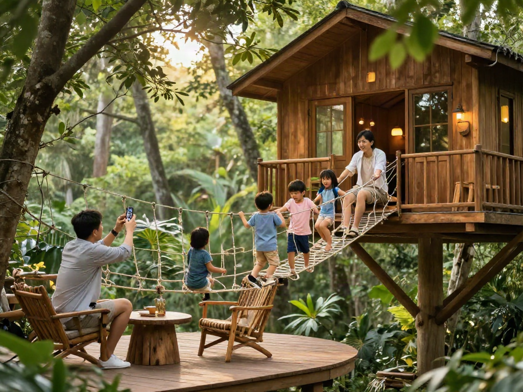Family enjoying tree house life in a serene forest setting, playing and capturing memories