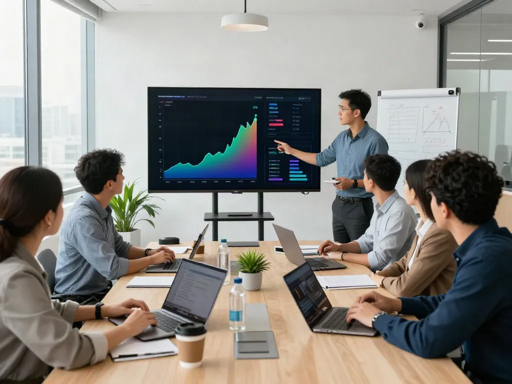 Team collaboration in modern office discussing banorte empresas strategy with financial dashboards.