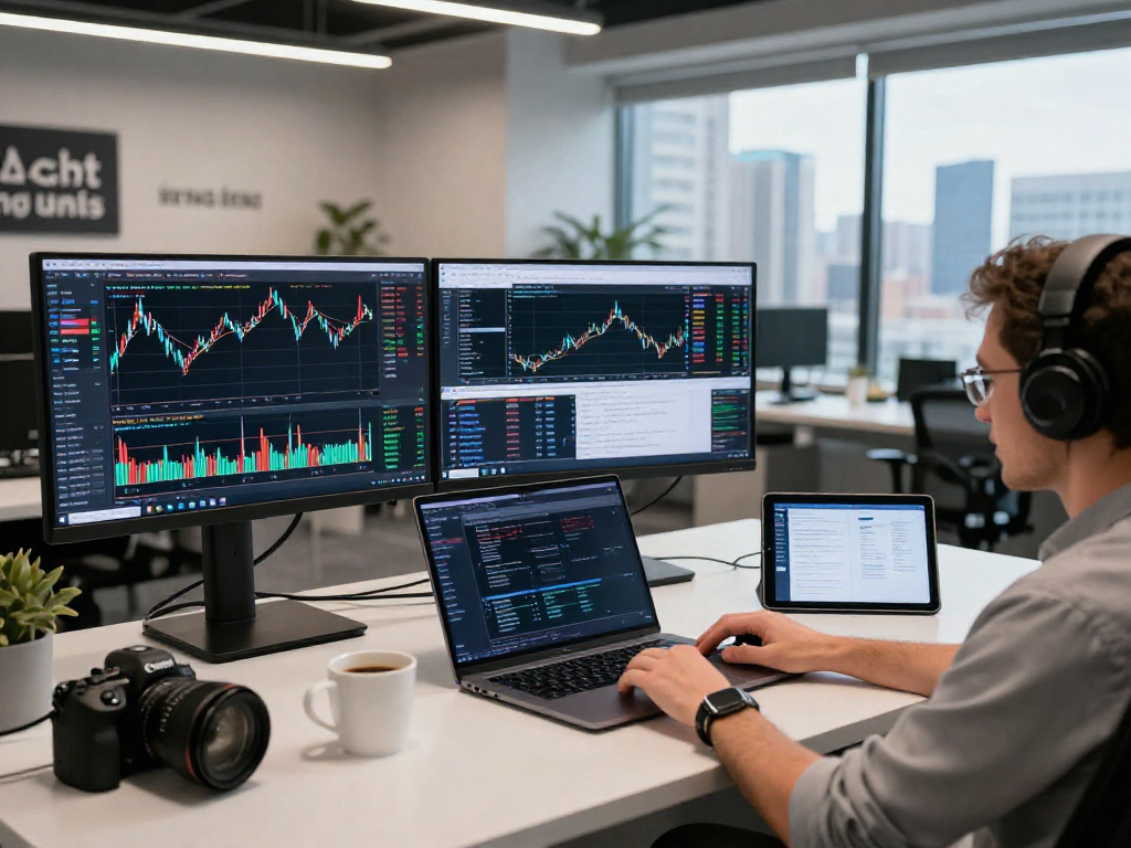 查看TradingView官网上的趋势分析工具，交易者在现代办公环境中专注于多个市场图表