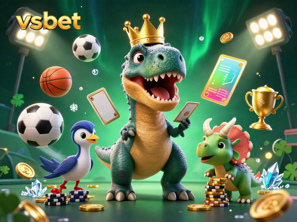 Engaging scene of vsbet's T-Rex, pterodactyl, and triceratops enjoying a dynamic sports betting atmosphere.