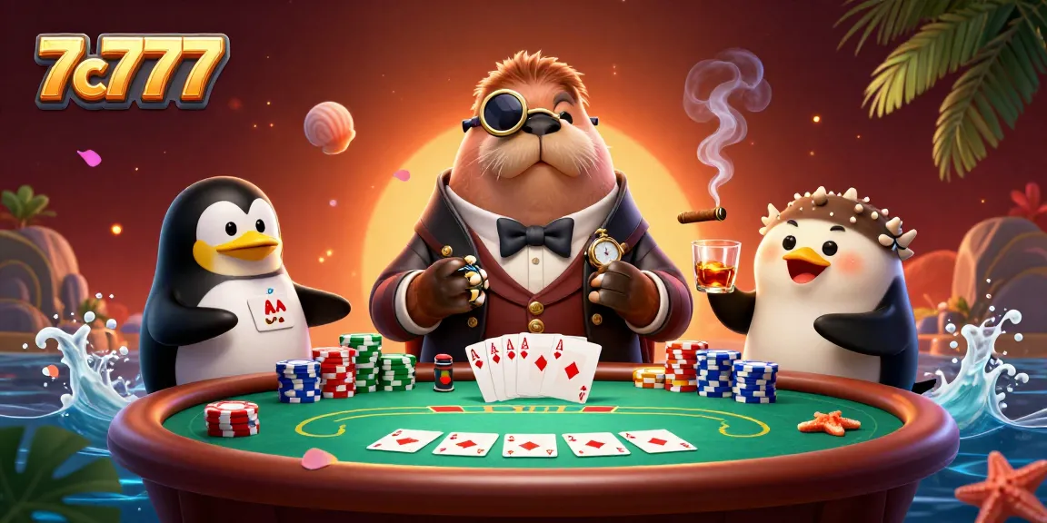 Experience the underwater poker scene with 7c777, featuring a walrus and pufferfish in action.
