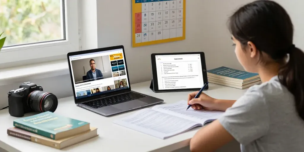 Toto online English learning setup with interactive tools and cozy study space.