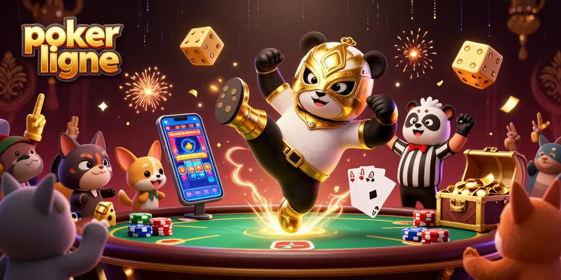 Venez parier sur le poker en ligne avec l'illustration dynamique d'un panda, un chihuahua et des jetons de poker emballants.
