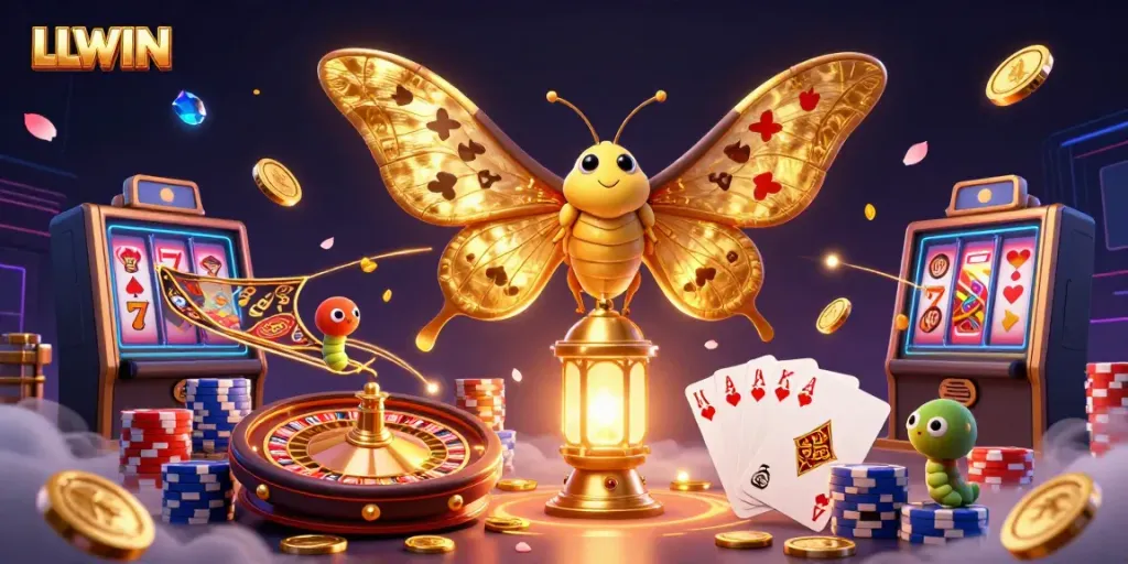 Experience vibrant gaming scenes with LLWIN's 3D animated characters surrounded by casino elements.