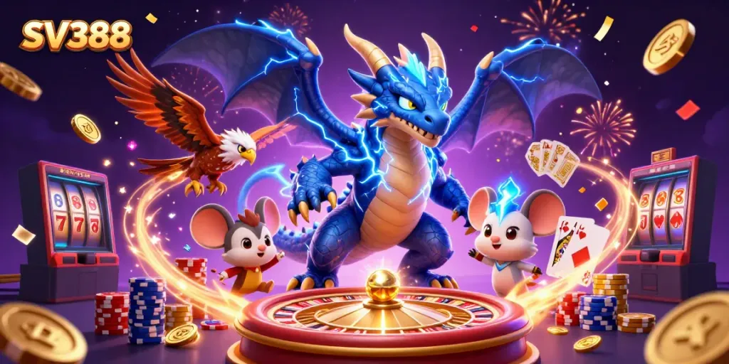 Watch thrilling SV388 cockfighting action complemented by golden coins, a roulette wheel, and vibrant casino elements.