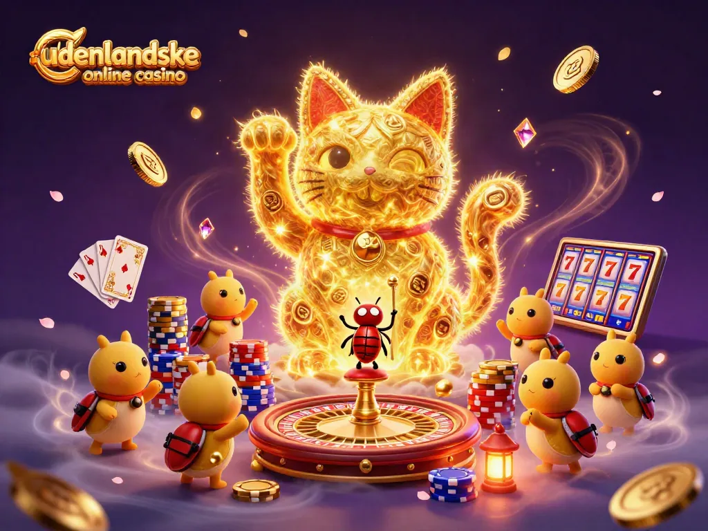 Engage with udenlandske online casino fun through a captivating scene of a lucky cat and delightful gambling elements.