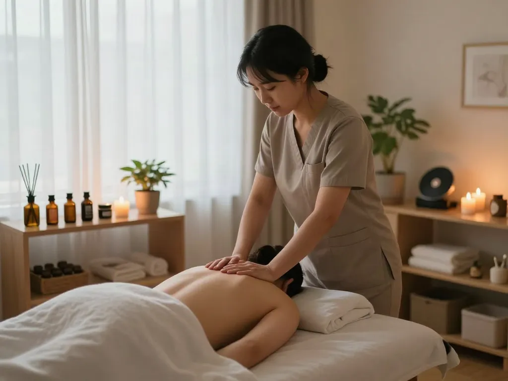 Client receiving 강남출장마사지 from a skilled therapist in a calming home setting, with ambient lighting and aromatherapy.