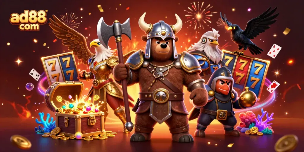 Catch the excitement at ad88 com with a thrilling 3D cartoon Viking bear and Valkyrie eagle celebrating big wins!