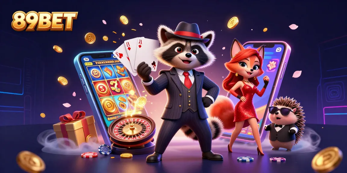 Experience the thrill with 89BET, a vibrant online casino featuring a stylish raccoon and friends.