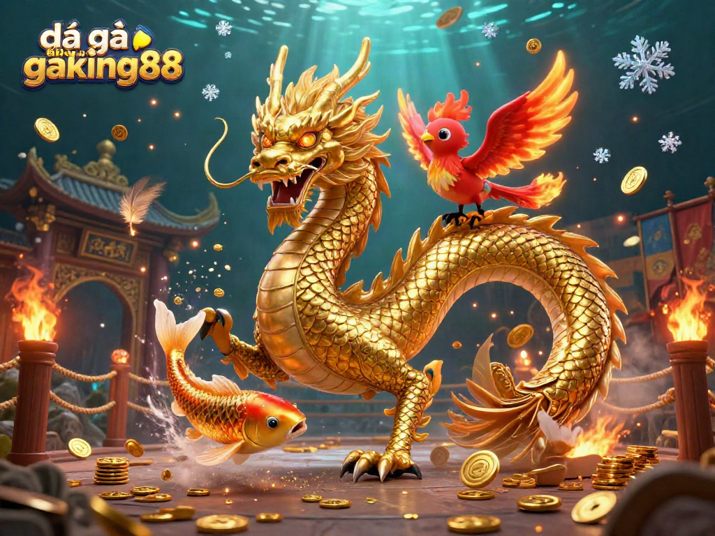 Experience the excitement of đá gà thomo gaking88 with a vibrant gold dragon and phoenix in action.