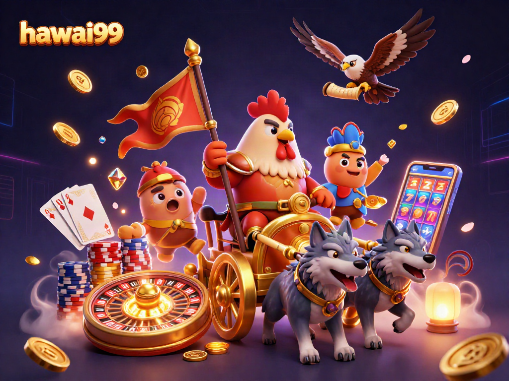 Join hawai99's thrilling gameplay with a vibrant 3D illustration featuring a rooster warlord and golden treasures.