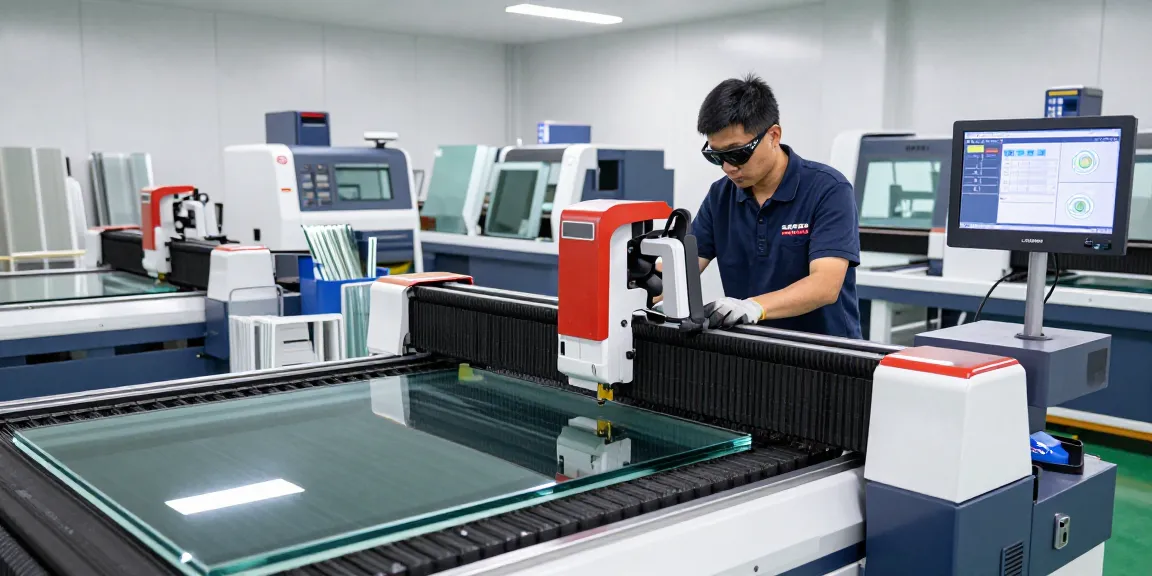 Technician operating a glass cutting machine in a modern processing facility.