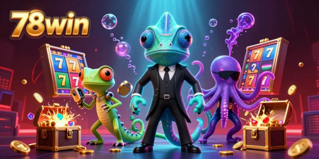 Experience thrilling wins with 78win's vibrant casino world featuring live-action characters and spinning slot reels.