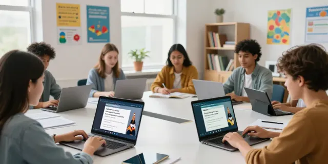 Students engaged in an interactive online English course featuring the keyword Toto in a vibrant digital classroom.