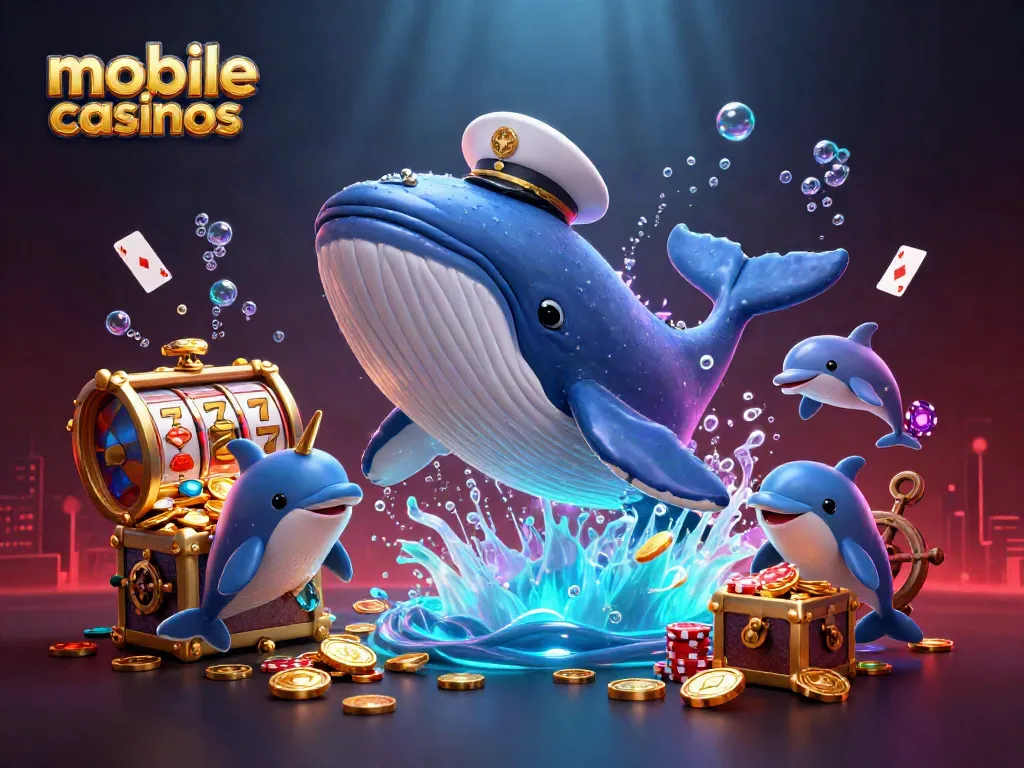 Mobile casinos come alive in this vibrant underwater scene featuring a whale and playful dolphins.