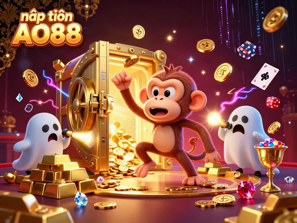 Engage in nạp tiền AO88 as a poltergeist monkey juggles casino treasures in a lively scene.