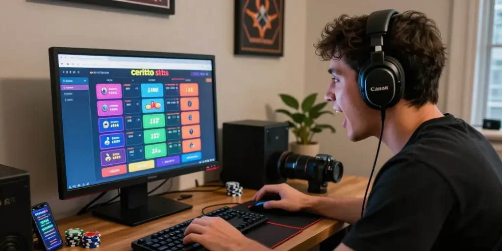 Pengguna ceritoto situs online dengan fokus di komputer, suasana bermain yang menarik dan penuh semangat.