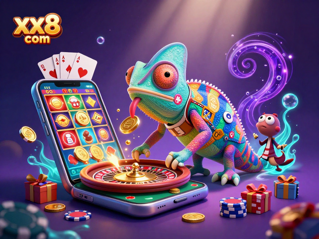 Experience thrilling moments at xx8 com with a lively 3D chameleon casino scene.