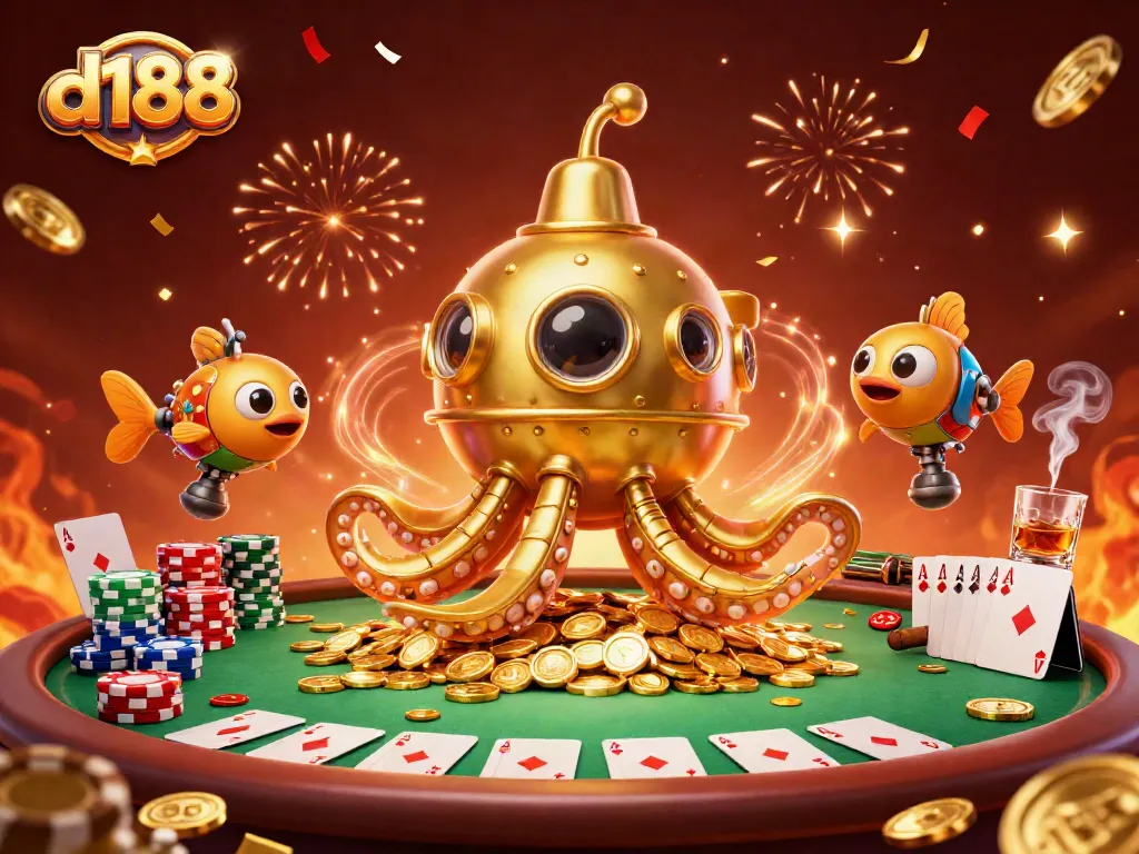 Unleash excitement with d188's dazzling casino scene featuring a golden kraken amidst poker elements.