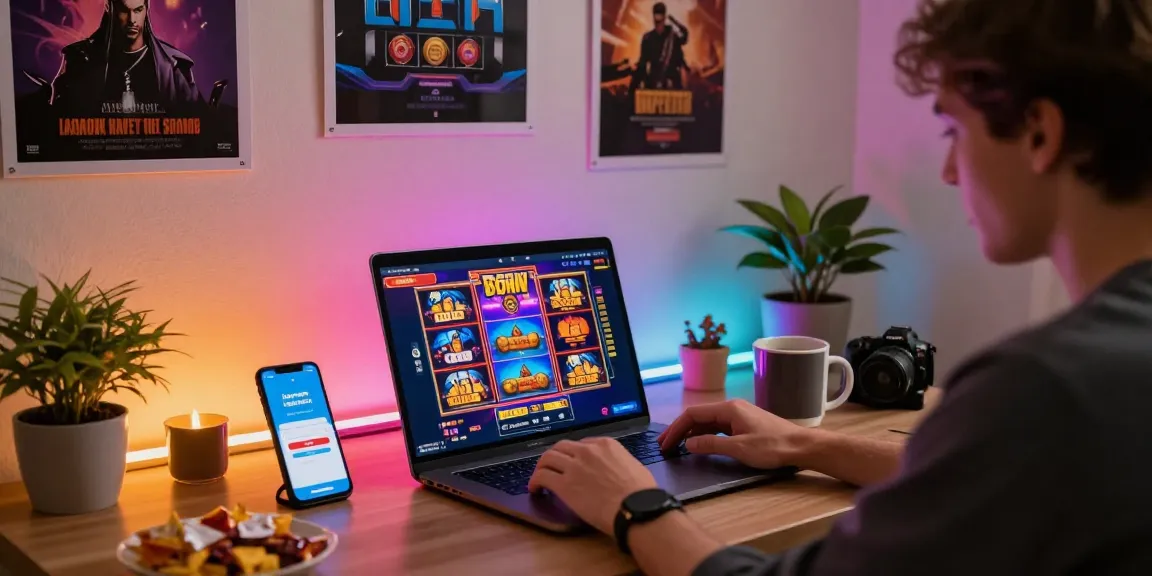 Enjoying a vibrant gaming session with lavowin login on a laptop in a cozy home office.