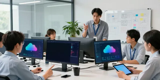 Team of engineers collaborating as an azure managed services provider in a modern office.