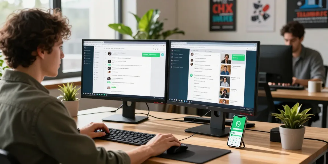 Effortless communication on WhatsApp網頁版 at a modern workspace with vibrant displays and collaborative atmosphere.