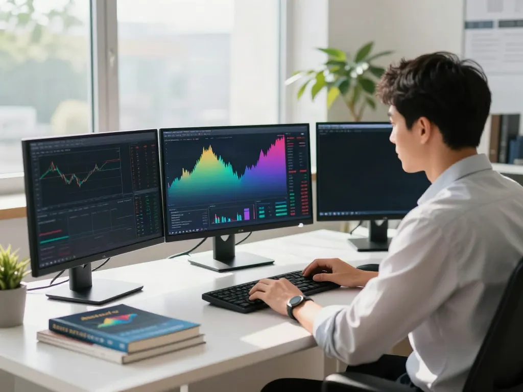Focused trader utilizing MetaTrader 5 on multiple screens in a professional workspace.