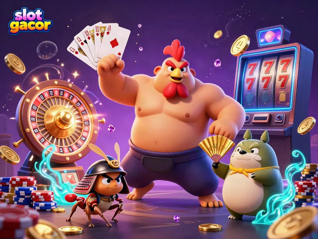 Experience the excitement of slot gacor with dynamic characters and rich gambling elements in this stunning 3D illustration.