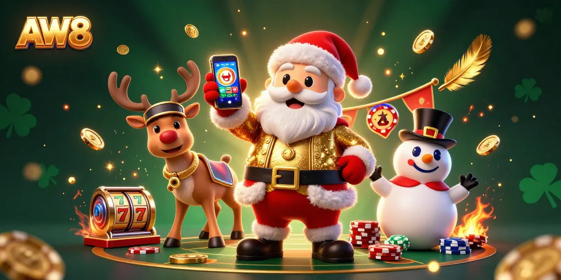 Experience the thrill of AW8 as Santa Claus celebrates jackpot slots in a vibrant 3D casino.