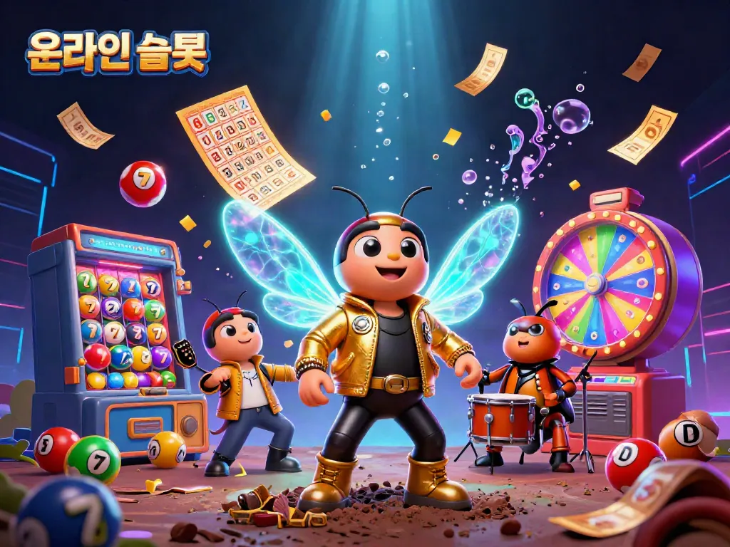 Experience the thrill of 온라인슬롯 with a rock star cicada in a vibrant 3D casino scene.