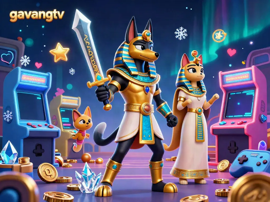 Engage with exciting gambling thrills at gavangtv with a dynamic scene of Anubis and Bastet in a vibrant, casino-themed illustration.