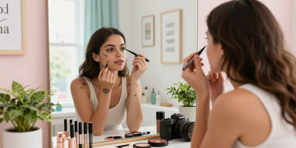 Applying a tattoo eyeliner pen in a bright bathroom, showing natural beauty.