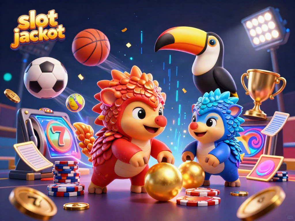 Experience thrilling slot jackpot action as rival pangolins roll through poker chips in a vibrant casino scene.