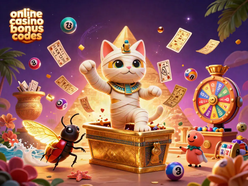 Engage with the online casino bonus codes in a vibrant Egyptian-themed casino scene featuring a mummy cat.