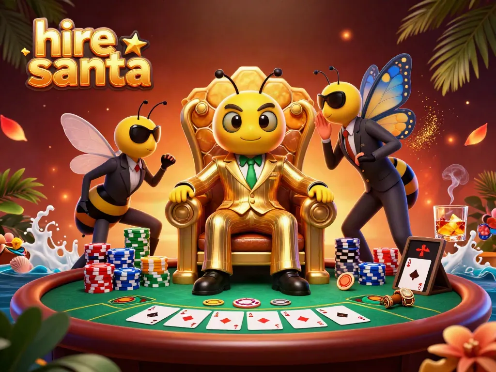 Engage in the fun of hire santa with a vibrant 3D casino scene featuring a cartoon mob boss and poker elements.