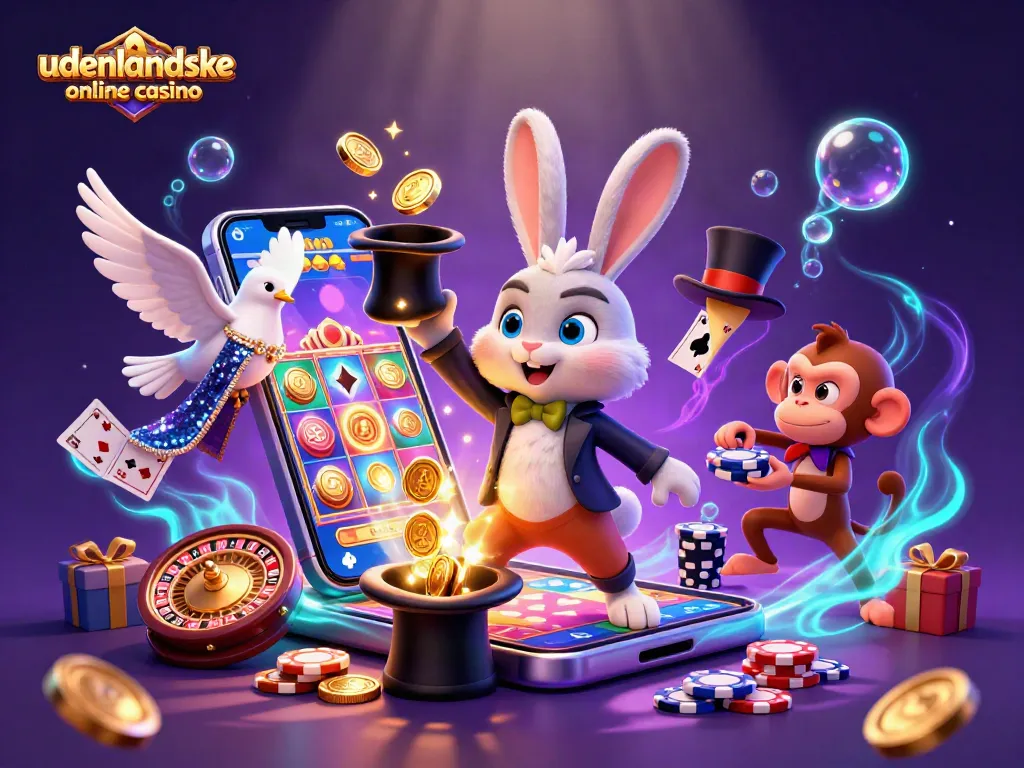 Experience the excitement of udenlandske online casino with a magician rabbit, dove, and monkey in a vibrant scene.