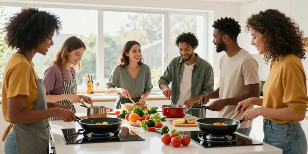 Non-Stick Cookware price in bangladesh featured in a vibrant cooking scene with friends preparing a meal together.