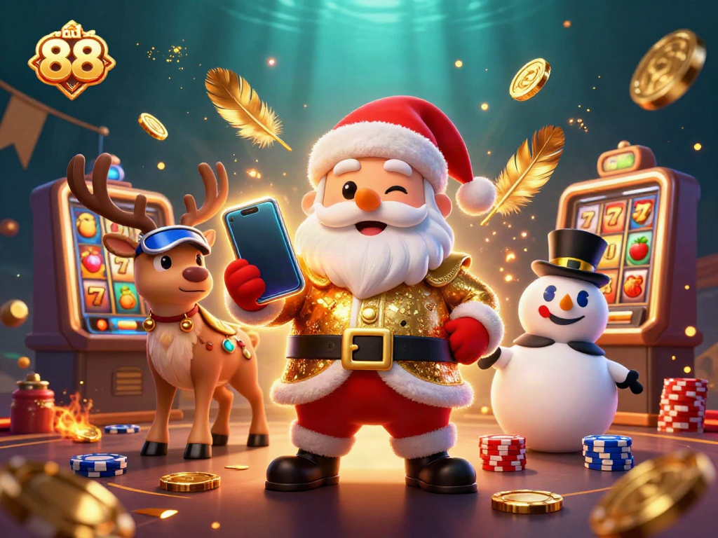 Experience the excitement of ad 88 with Santa and friends celebrating jackpots in this vibrant casino scene.